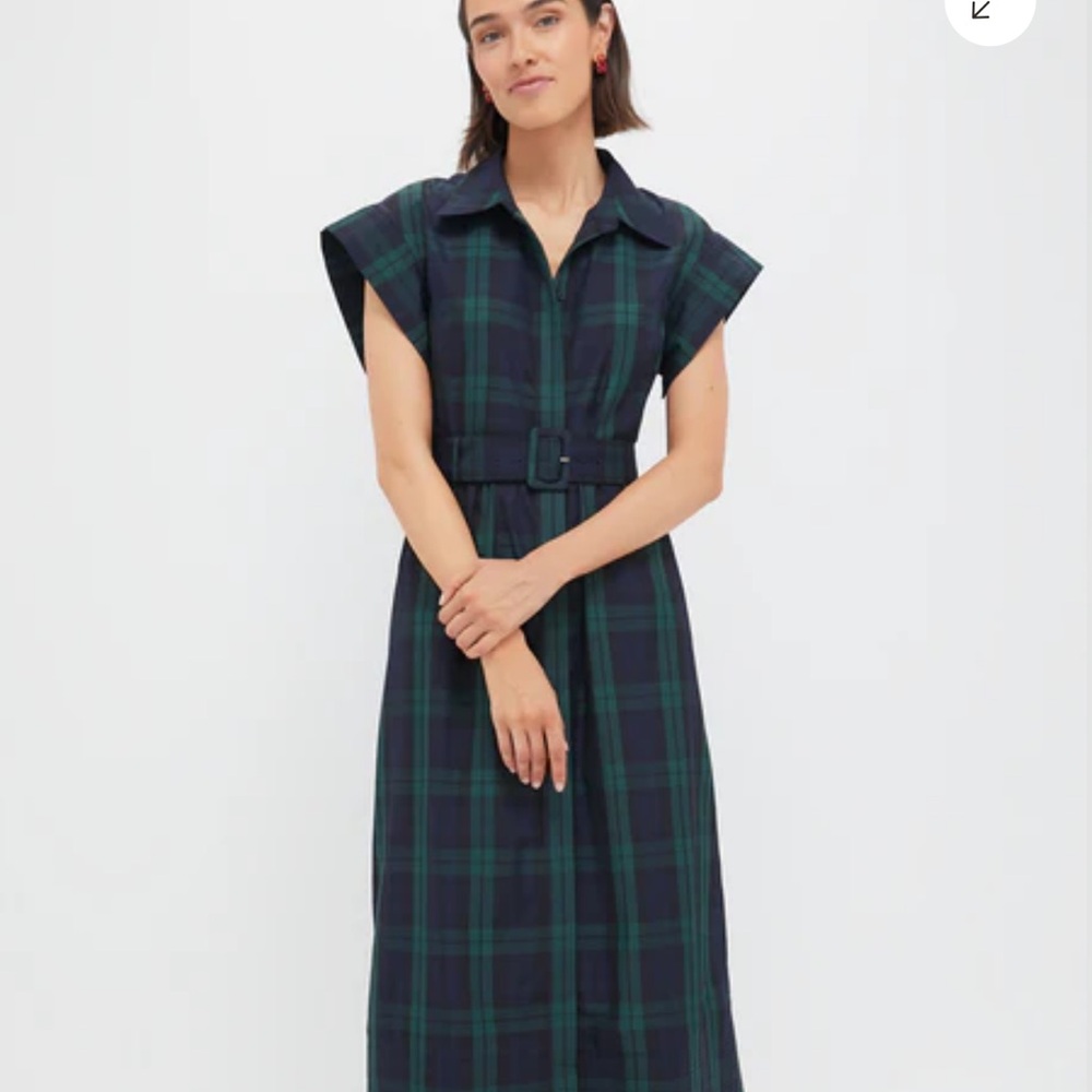 Tuckernuck Chloe Navy and Green Plaid Midi Dress with Belt